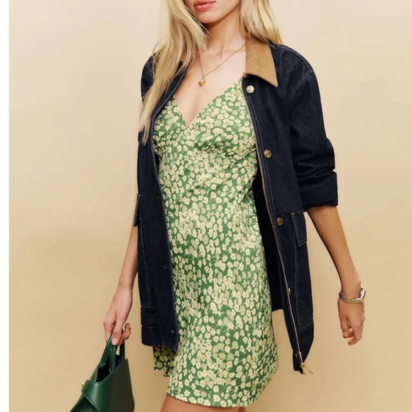 NWOT Reformation Calix Mini Dress - Mento Green Cream Floral V Neck Causal - Picture 1 of 6